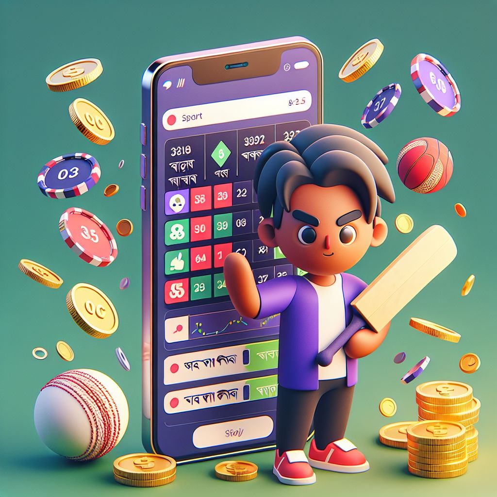Taka5555 betting themed cartoon character with cricket and football icons and coins
