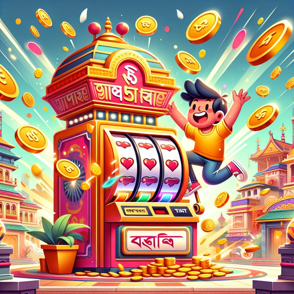 Taka5555 থিমযুক্ত কার্টুন চরিত্র কয়েন এবং জ্যাকপট লাইট সহ স্লট ঘোরাচ্ছে